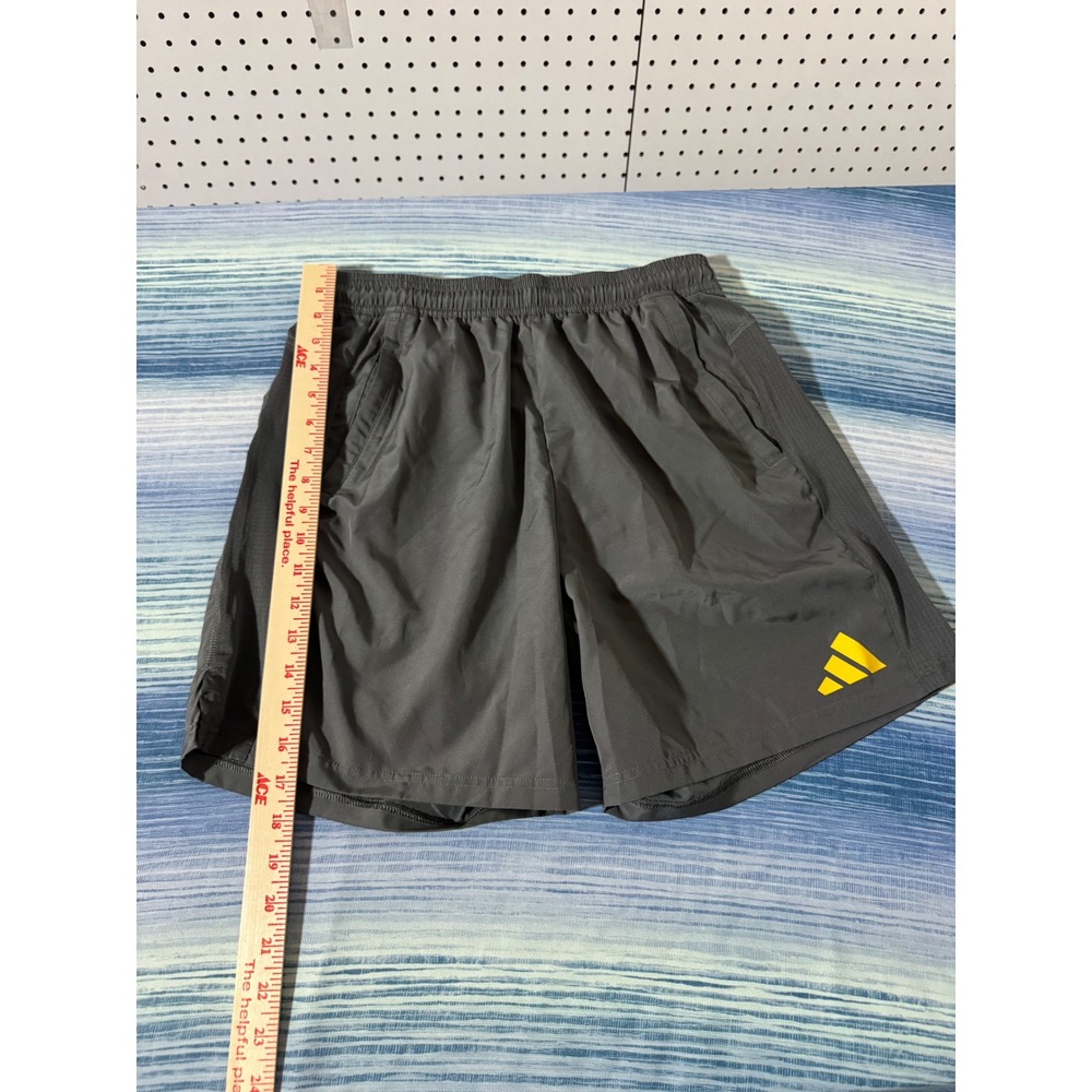 Adidas Mens Athletic Shorts Dark Gray Yellow Logo Elastic Waist Pockets Gym L - Picture 3 of 4